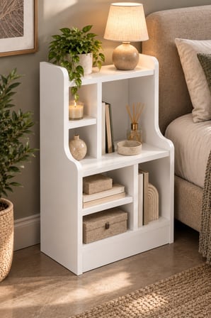 SuloraHome Komodin Raflı Kitaplık Çok Bölmeli Beyaz Yan Sehpa Organizer