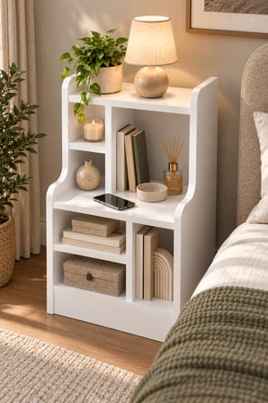 SuloraHome Komodin Raflı Kitaplık Çok Bölmeli Beyaz Yan Sehpa Organizer