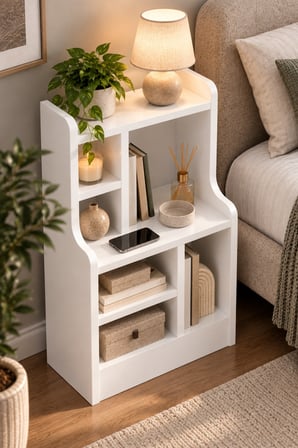 SuloraHome Komodin Raflı Kitaplık Çok Bölmeli Beyaz Yan Sehpa Organizer