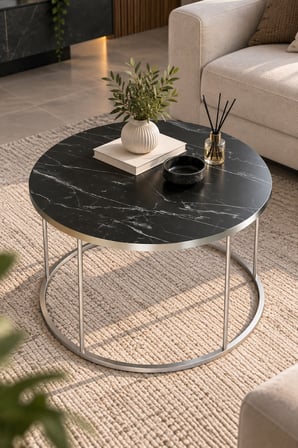 SuloraHome Gümüş Ayaklı Siyah Mermer Desenli Yuvarlak Orta Sehpa