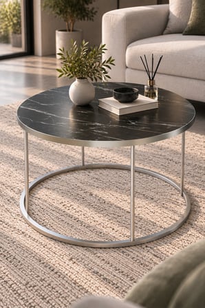 SuloraHome Gümüş Ayaklı Siyah Mermer Desenli Yuvarlak Orta Sehpa