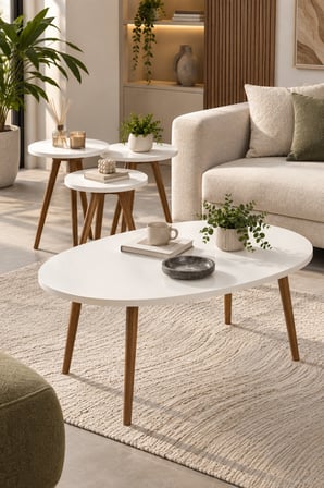 SuloraHome Torna Ahşap Ayaklı Elips Sehpa Seti Beyaz 4'lü