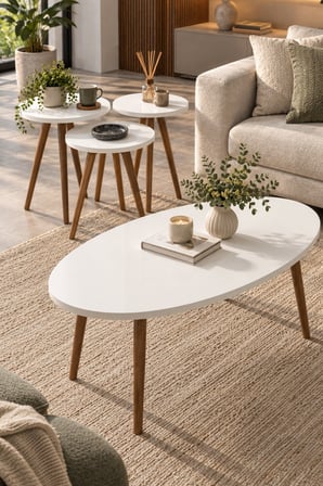 SuloraHome Torna Ahşap Ayaklı Elips Sehpa Seti Beyaz 4'lü