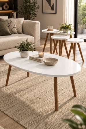 SuloraHome Torna Ahşap Ayaklı Elips Sehpa Seti Beyaz 4'lü