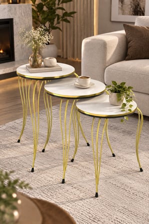 SuloraHome Lükens Metal Ayaklı Beyaz Zigon Sehpa Takımı 3'lü