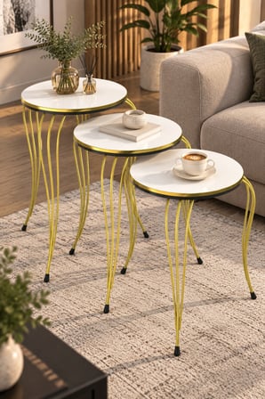 SuloraHome Lükens Metal Ayaklı Beyaz Zigon Sehpa Takımı 3'lü