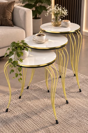 SuloraHome Lükens Metal Ayaklı Beyaz Zigon Sehpa Takımı 3'lü