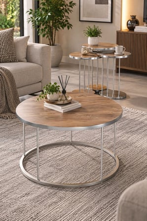 SuloraHome Ceviz Desenli Kahverengi 4'lü Sehpa Seti Gümüş Metal Ayaklı