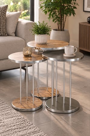 SuloraHome Ceviz Desenli Kahverengi 4'lü Sehpa Seti Gümüş Metal Ayaklı