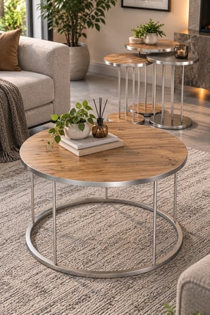 SuloraHome Ceviz Desenli Kahverengi 4'lü Sehpa Seti Gümüş Metal Ayaklı