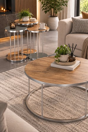 SuloraHome Ceviz Desenli Kahverengi 4'lü Sehpa Seti Gümüş Metal Ayaklı