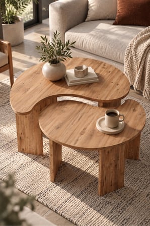 SuloraHome Orta Sehpa 2'li Sehpa Seti Oval Modern Dekoratif Salon Oturma Odası Sehpası Denge 9253 Atlantik Çam