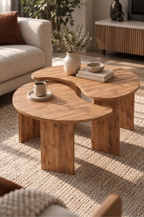 SuloraHome Orta Sehpa 2'li Sehpa Seti Oval Modern Dekoratif Salon Oturma Odası Sehpası Denge 9253 Atlantik Çam
