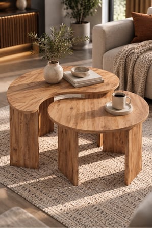 SuloraHome Orta Sehpa 2'li Sehpa Seti Oval Modern Dekoratif Salon Oturma Odası Sehpası Denge 9253 Atlantik Çam