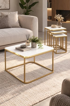 SuloraHome Damla Sehpa Seti Beyaz ve Gold Metal Ayaklı