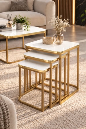 SuloraHome Damla Sehpa Seti Beyaz ve Gold Metal Ayaklı