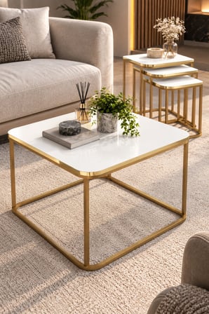 SuloraHome Damla Sehpa Seti Beyaz ve Gold Metal Ayaklı