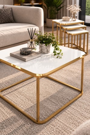 SuloraHome Damla Sehpa Seti Beyaz ve Gold Metal Ayaklı