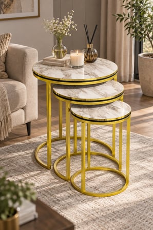 SuloraHome Efes Beyaz Mermer Desenli Gold Metal C Ayaklı 3'lü Zigon Sehpa Takımı
