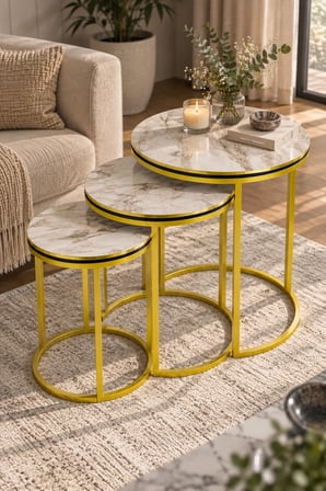 SuloraHome Efes Beyaz Mermer Desenli Gold Metal C Ayaklı 3'lü Zigon Sehpa Takımı