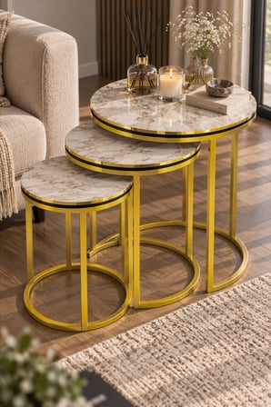 SuloraHome Efes Beyaz Mermer Desenli Gold Metal C Ayaklı 3'lü Zigon Sehpa Takımı