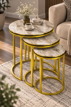 SuloraHome Efes Beyaz Mermer Desenli Gold Metal C Ayaklı 3'lü Zigon Sehpa Takımı