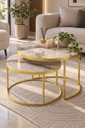 SuloraHome Gold Metal Orta Sehpa Seti Efes Beyaz 2'li Yuvarlak
