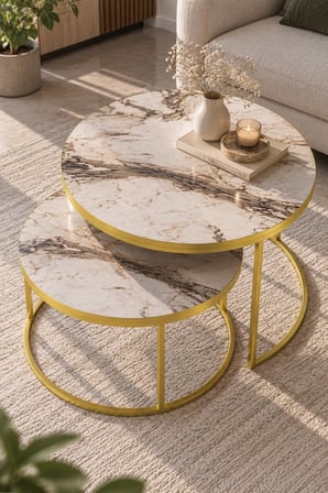 SuloraHome Gold Metal Orta Sehpa Seti Efes Beyaz 2'li Yuvarlak