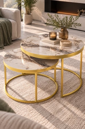 SuloraHome Gold Metal Orta Sehpa Seti Efes Beyaz 2'li Yuvarlak