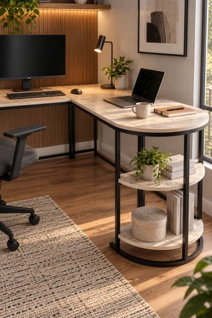 SuloraHome Tipi Köşe Çalışma Masası 2 Raflı Metal İskeletli