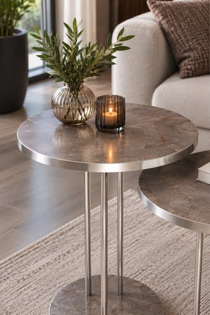 SuloraHome Mor ve Gümüş Metal Ayaklı 3'lü Zigon Sehpa Takımı