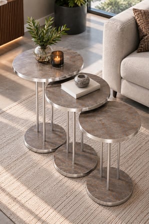 SuloraHome Mor ve Gümüş Metal Ayaklı 3'lü Zigon Sehpa Takımı