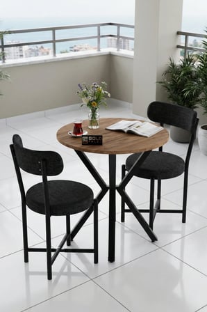 SuloraHome Teddy 70 cm Yuvarlak Masa ve 2 Adet Gri Sandalye Seti