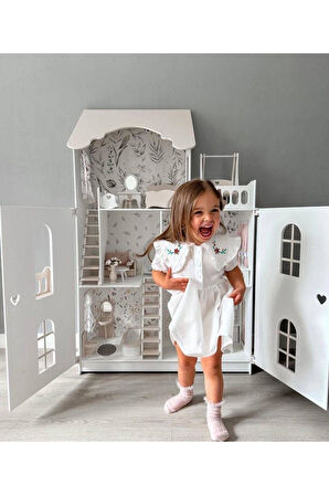 Kız Çocuk Mavi Çiçek Desenli Yaka Dantel Detaylı Uzun Kollu Bayramlık Elbise