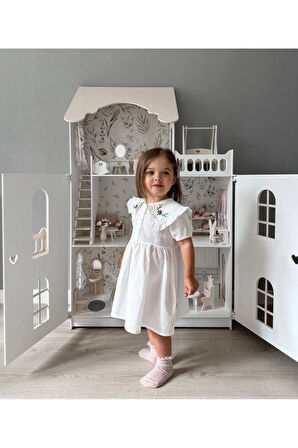 Kız Çocuk Mavi Çiçek Desenli Yaka Dantel Detaylı Uzun Kollu Bayramlık Elbise