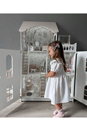 Kız Çocuk Mavi Çiçek Desenli Yaka Dantel Detaylı Uzun Kollu Bayramlık Elbise