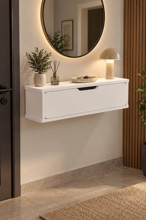 SuloraHome Dresuar Duvara Monteli Kapaklı Duvar Rafı Antre Hol Modern Dolap Konsol Luna 183 Beyaz