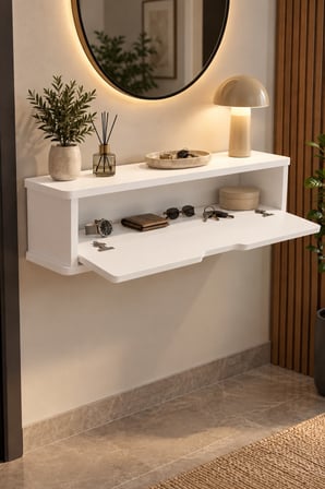 SuloraHome Dresuar Duvara Monteli Kapaklı Duvar Rafı Antre Hol Modern Dolap Konsol Luna 183 Beyaz