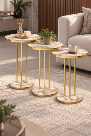 SuloraHome Efes Mermer Desenli Beyaz ve Gold Metal Ayaklı 3'lü Zigon Sehpa Takımı
