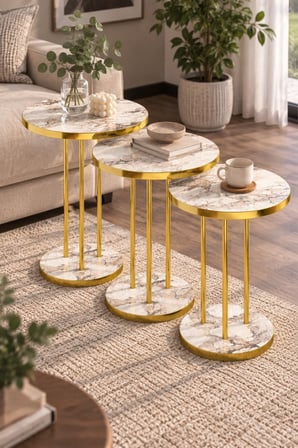 SuloraHome Efes Mermer Desenli Beyaz ve Gold Metal Ayaklı 3'lü Zigon Sehpa Takımı