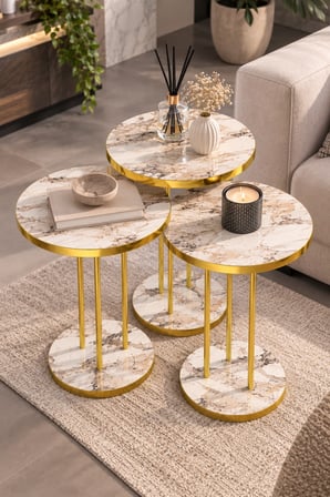 SuloraHome Efes Mermer Desenli Beyaz ve Gold Metal Ayaklı 3'lü Zigon Sehpa Takımı