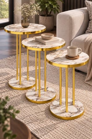 SuloraHome Efes Mermer Desenli Beyaz ve Gold Metal Ayaklı 3'lü Zigon Sehpa Takımı
