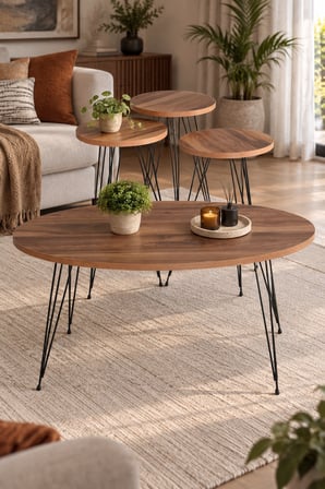 SuloraHome Ceviz Desenli 4'lü Sehpa Seti Metal Ayaklı