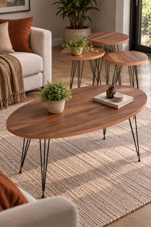 SuloraHome Ceviz Desenli 4'lü Sehpa Seti Metal Ayaklı
