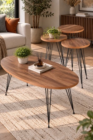 SuloraHome Ceviz Desenli 4'lü Sehpa Seti Metal Ayaklı