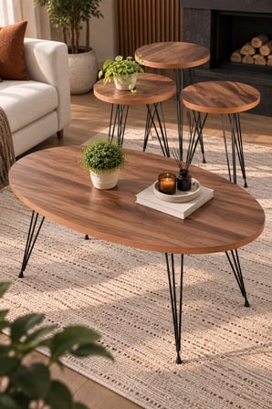 SuloraHome Ceviz Desenli 4'lü Sehpa Seti Metal Ayaklı