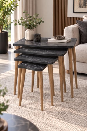 SuloraHome Bendir Siyah Mermer Desenli 4'lü Zigon Sehpa Takımı