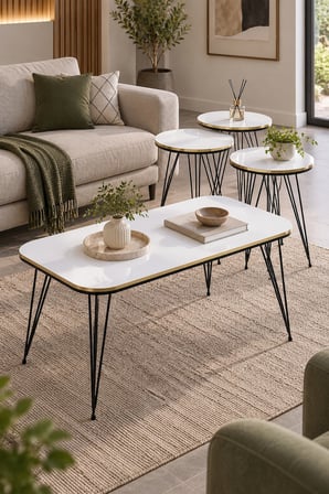 SuloraHome Siyah Tel Ayaklı Beyaz 4'lü Sehpa Seti