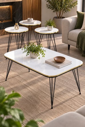 SuloraHome Siyah Tel Ayaklı Beyaz 4'lü Sehpa Seti