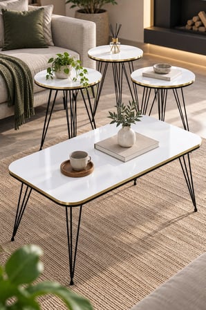 SuloraHome Siyah Tel Ayaklı Beyaz 4'lü Sehpa Seti